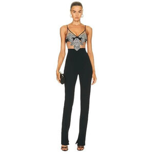 DAVID KOMA Crystal Flower Embroidered Patches Jumpsuit in Black Silver 2 New